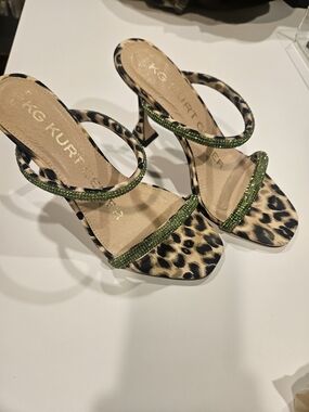 Kurt Geiger Leopard Print Sandals with Green Beaded Straps